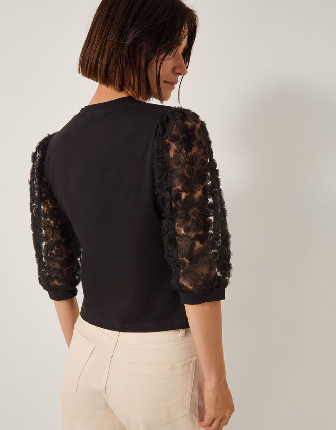 Flavia Sheer Appliqué Sleeve Jersey Top, Black (BLACK), large