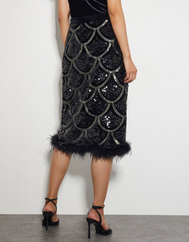 Sira Sequin Feather Pencil Skirt, Black (BLACK), large