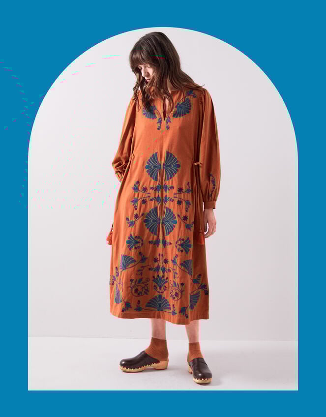 East Katie Embroidered Midi Dress, Orange (RUST), large