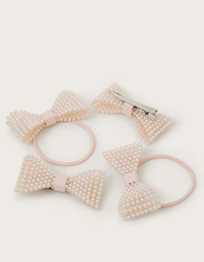 4-Pack Pearl Beaded Bow Hair Set, Pink (PINK), large