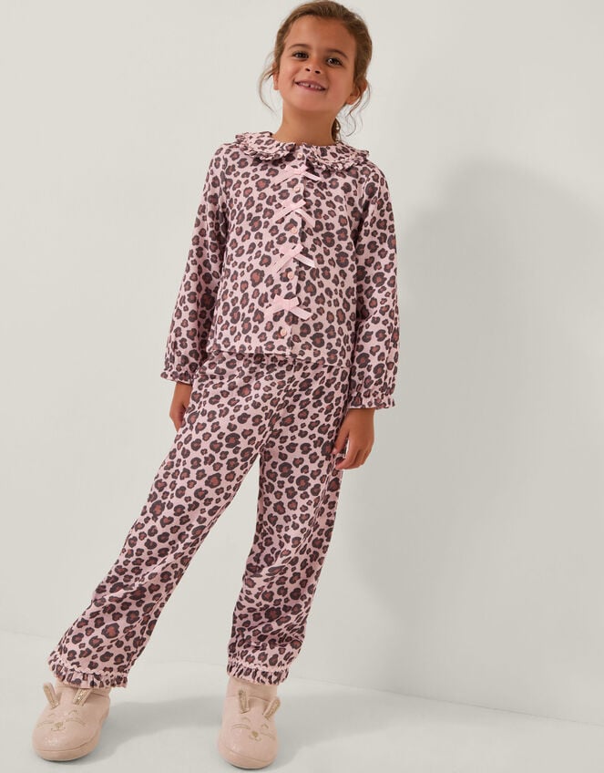 Bow Leopard Print Long Pyjamas Set, Pink (PINK), large