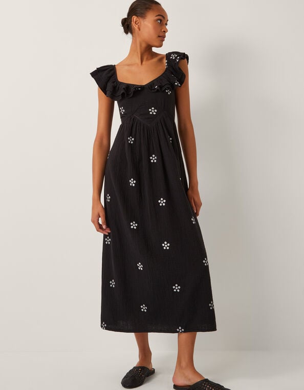 Daisy Frill Embroidered Midi Dress, Black (BLACK), large