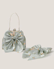 Embroidered Floral Bag & Bow Hair Clip Set , , large