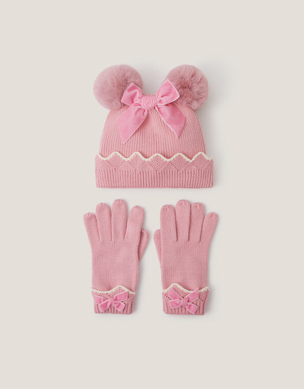 Scallop Beanie Hat & Gloves Set, Pink (PINK), large