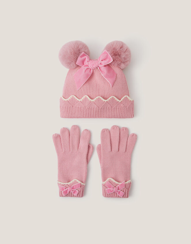 Scallop Beanie Hat & Gloves Set, Pink (PINK), large