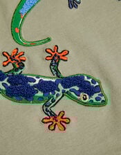 Lizard Embroidered Cotton T-Shirt, Green (KHAKI), large