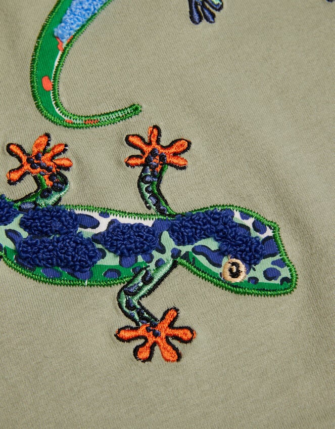 Lizard Embroidered Cotton T-Shirt, Green (KHAKI), large