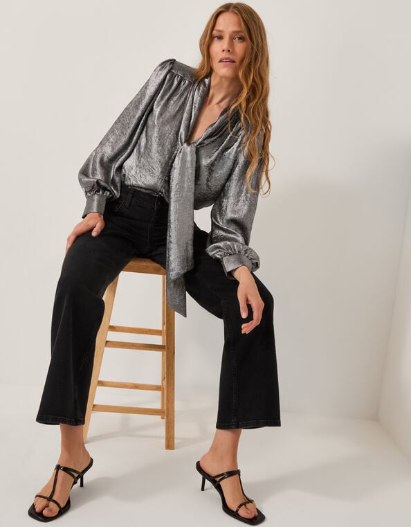 Milena Metallic Tie Neck Blouse, Silver (SILVER), large