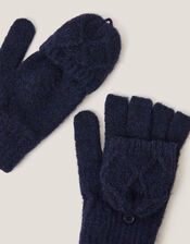 Diamond Fingerless Gloves with Mittens, Blue (NAVY), large