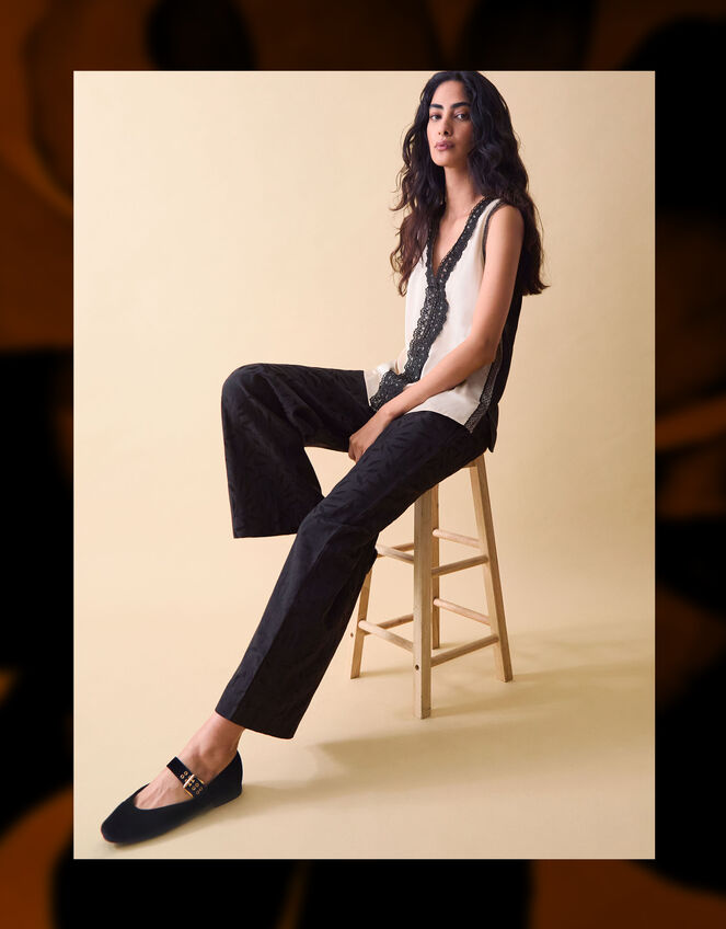 Clemence Gianna Jacquard Wide Leg Trousers, Black (BLACK), large