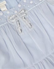 Long Sleeve Bow Beaded Ruffle Dress, Blue (BLUE), large