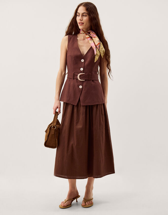 Margot Sleeveless Belted Linen Midi Dress, Brown (CHOCOLATE), large