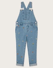 Floral Embroidered Denim Dungarees, Blue (BLUE), large