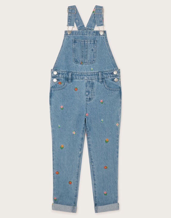 Floral Embroidered Denim Dungarees, Blue (BLUE), large