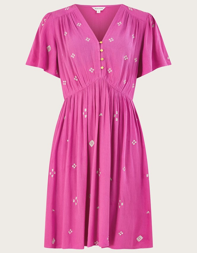 Embroidered Crinkle Short Dress in LENZING™ ECOVERO™, Pink (PINK), large