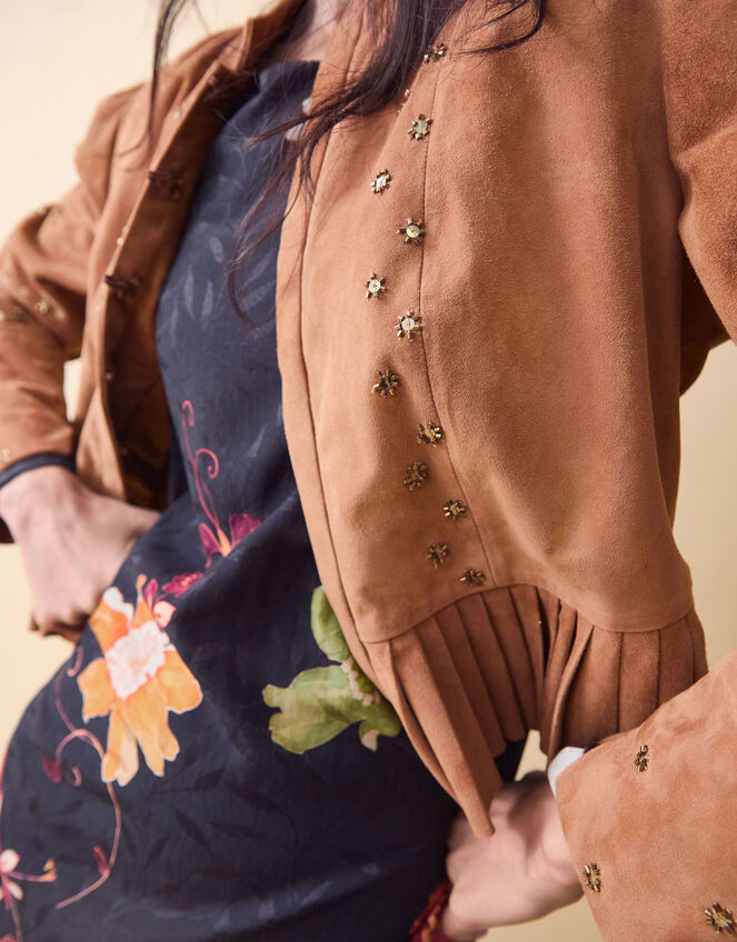 Clemence Fleur Embellished Suede Jacket, Tan (TAN), large