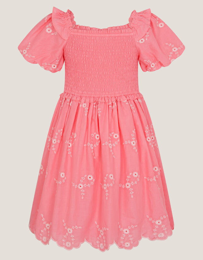 Embroidered Puff Sleeve Smocked Dress, Pink (PINK), large