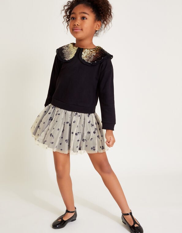 Embellished Floral 2-in-1 Disco Dress, Black (BLACK), large