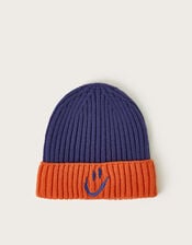 Happy Colour Block Rib Beanie, Blue (BLUE), large