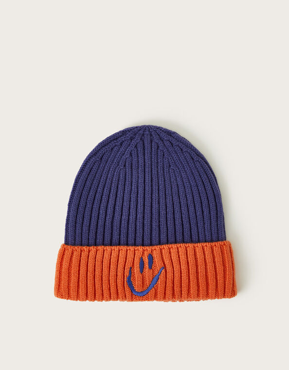 Happy Colour Block Rib Beanie, Blue (BLUE), large