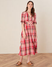 Check Midi Dress in Organic Cotton, Red (RED), large