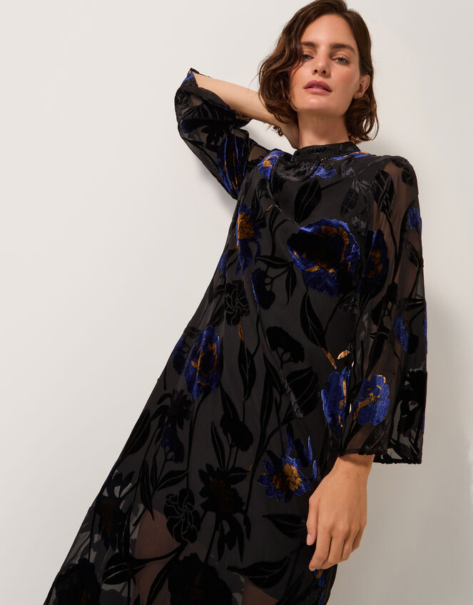 Giselle Sheer Floral Devor&eacute; Midi Dress, Blue (MIDNIGHT), large