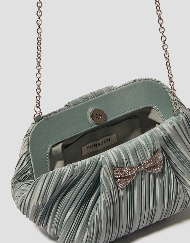 Pen Plisse Satin Clutch Bag, Green (SAGE), large