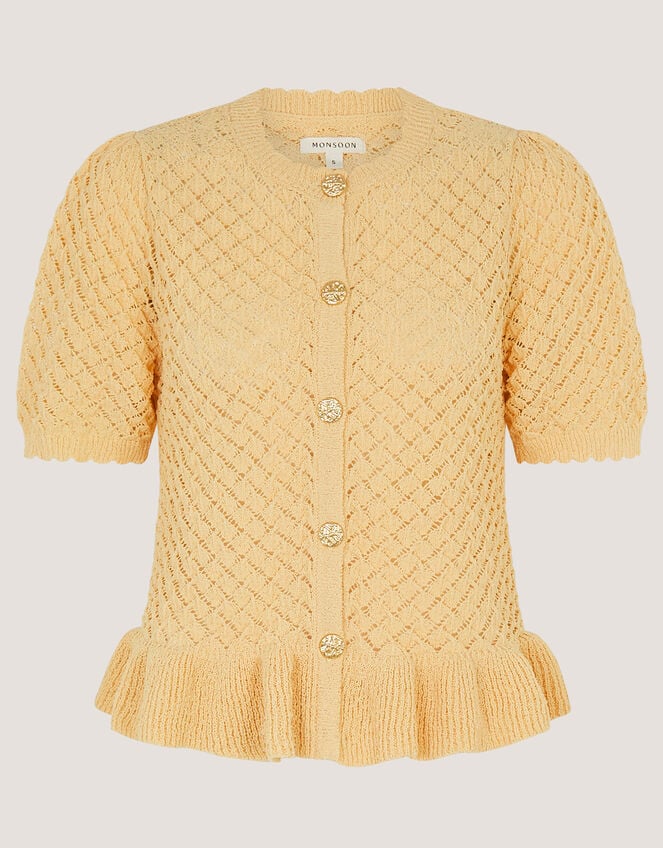 Shea Short Sleeve Ruffle Knit Cardigan, Yellow (YELLOW), large