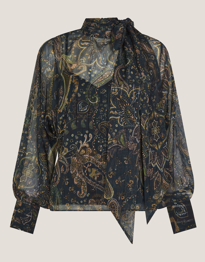 Marianna Sheer Paisley Pussybow Blouse, Green (GREEN), large