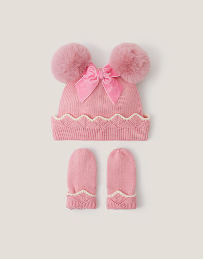 Baby Scallop Beanie Hat & Mittens Set, Pink (PINK), large