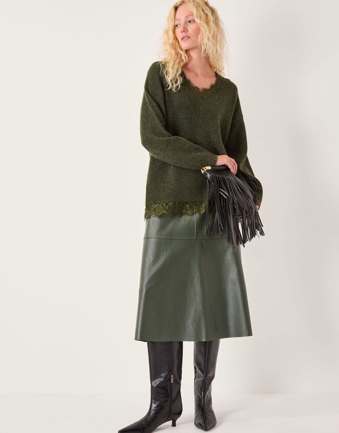 Leanne Lace V-Neck Jumper, Green (KHAKI), large