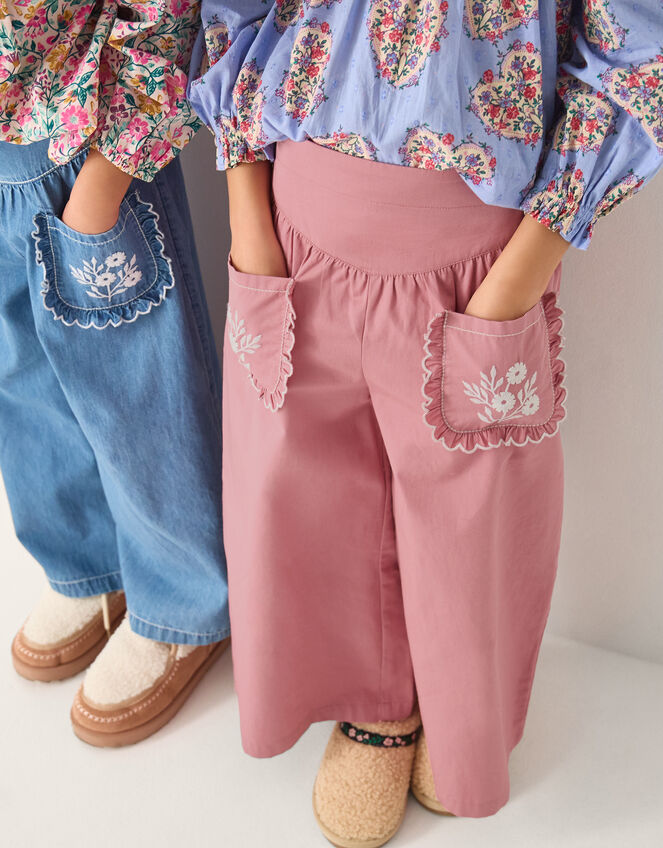 Floral Embroidered Scallop Trousers, Pink (PINK), large