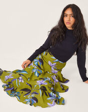 Sonya Floral Print Frill Midi Skirt, Green (KHAKI), large