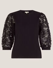 Flavia Sheer Appliqu&eacute; Sleeve Jersey Top, Black (BLACK), large