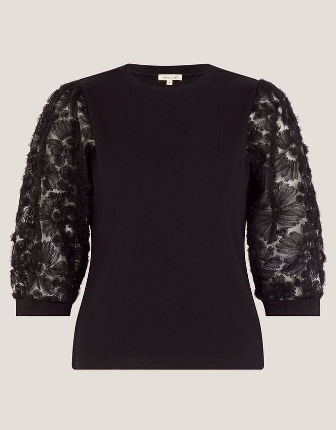 Flavia Sheer Appliqu&eacute; Sleeve Jersey Top, Black (BLACK), large