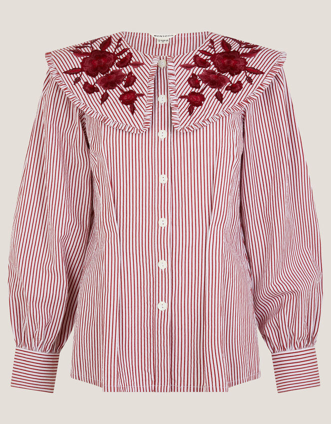 Marta Floral Embroidered Stripe Shirt, Red (CHERRY), large