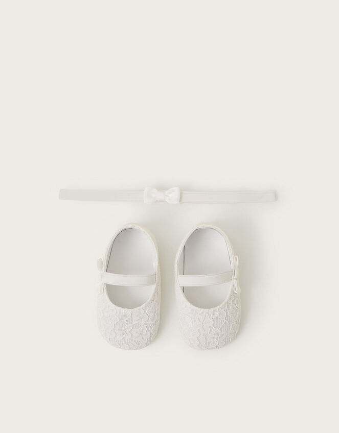 Baby Lace Booties and Bow Headband Set, Ivory (IVORY), large