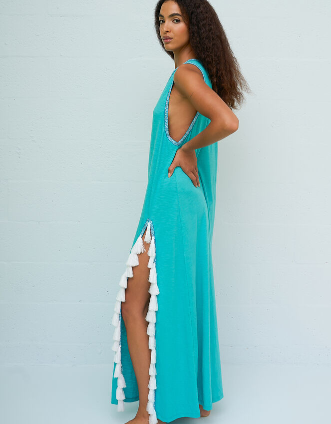 Pitusa Tassel Side Slit Maxi Beach Dress, Teal (TEAL), large