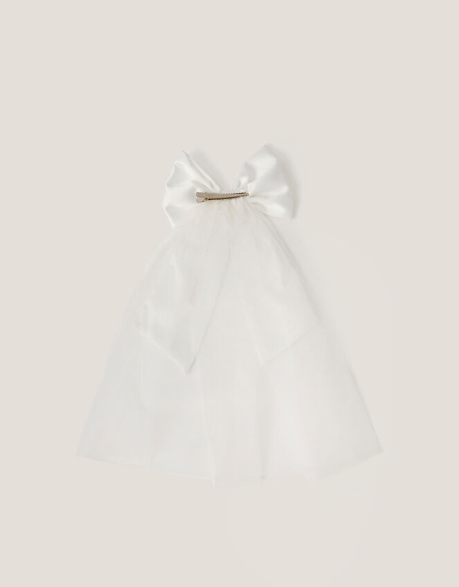 Satin Bow Veil Communion Hair Clip, , large