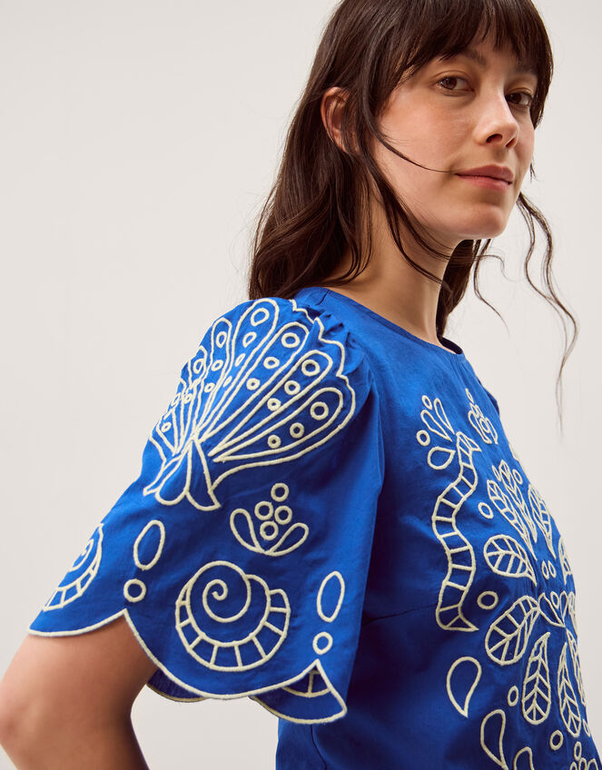 Keira Short Sleeve Embroidered Top, Blue (COBALT), large