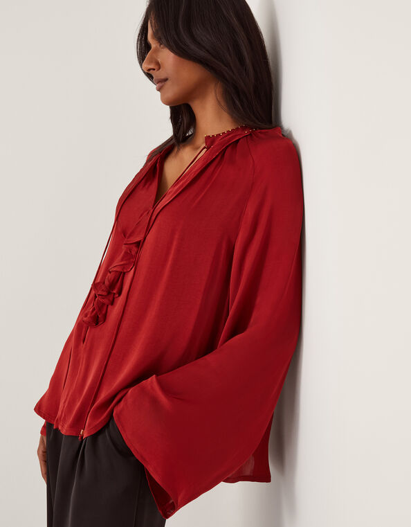 Arlette V-Neck Frill Satin Blouse, Red (BURGUNDY), large