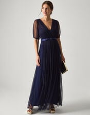 Ellie Sheer Sleeve Plunge Tulle Maxi Dress, Blue (NAVY), large
