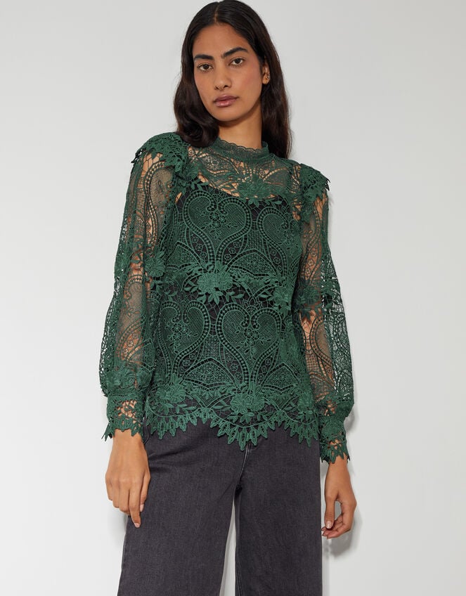Lucy Lace Long Sleeve Blouse, Teal (TEAL), large