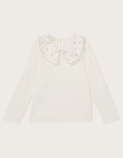 Beaded Collar Long Sleeve Rib Top, Ivory (IVORY), large