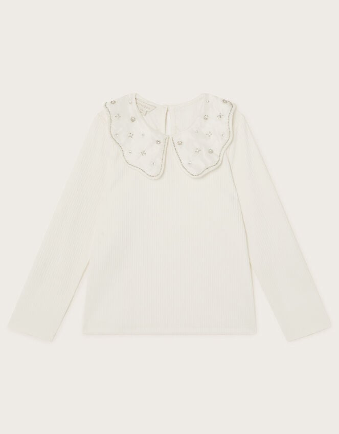 Beaded Collar Long Sleeve Rib Top, Ivory (IVORY), large
