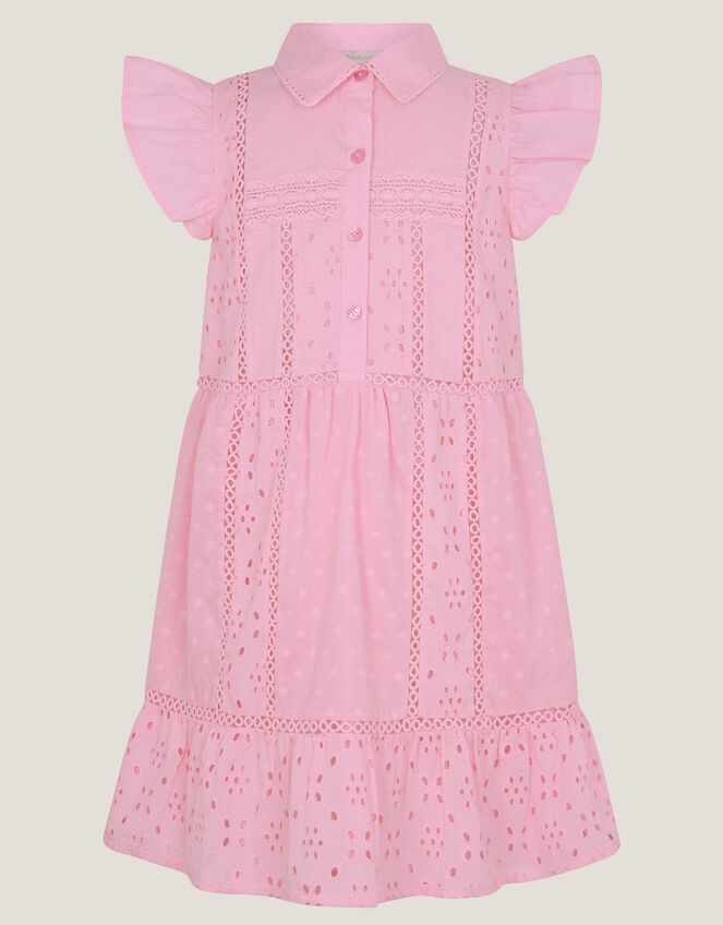 Flutter Sleeve Broderie Tiered Dress, Pink (PINK), large