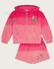 Floral Ombré Terry Zip Hoodie and Shorts Set, Pink (PINK), large