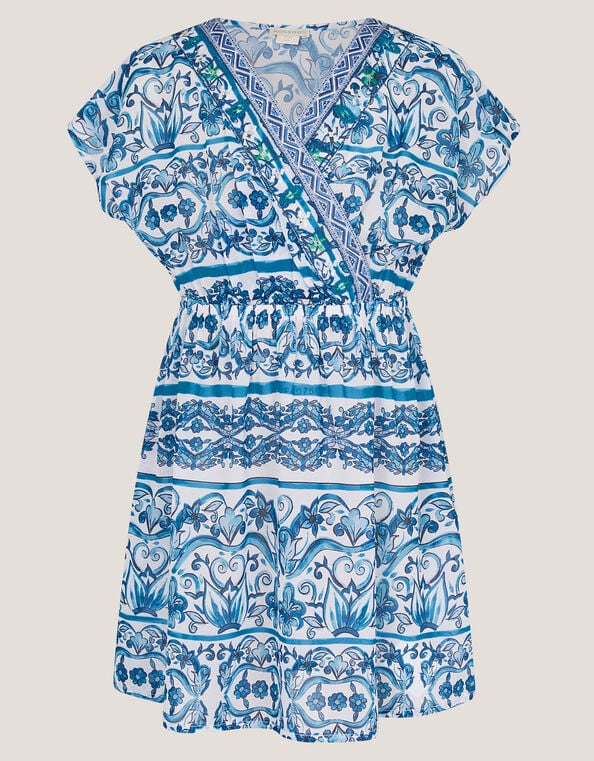 Ornate Floral Print Kaftan Dress, Blue (BLUE), large