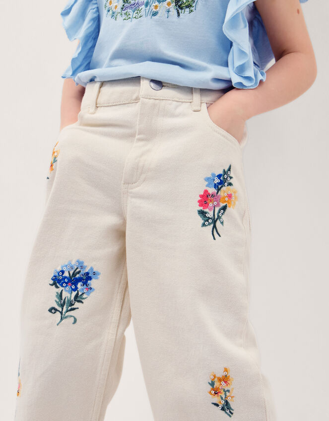 Sequin Floral Embroidered Wide Leg Jeans, Ivory (IVORY), large