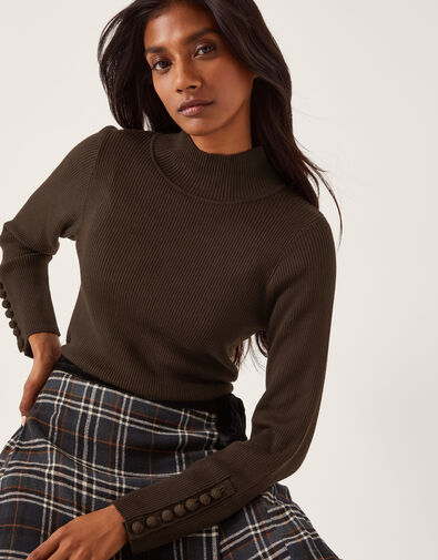 Ruby Ribbed Polo Neck Jumper, Brown (CHOCOLATE), large